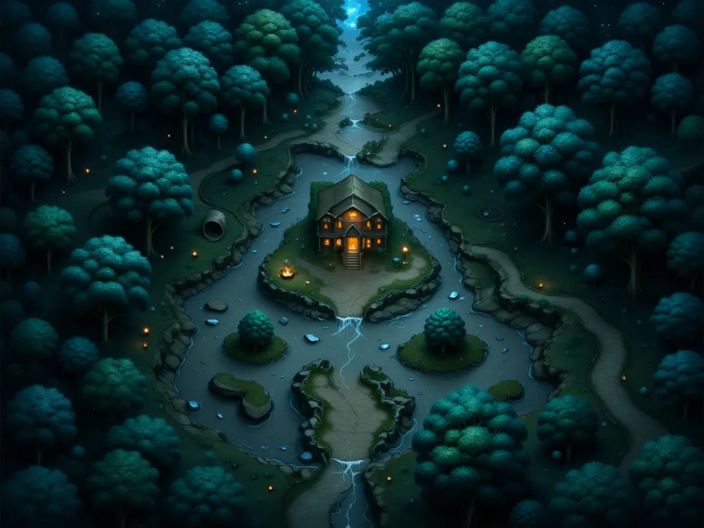 a large forest at night is hidden with a stream and a hut, I want some details to enrich the area I want a good map for the players to walk . Camera top down just like an RPG map a great map