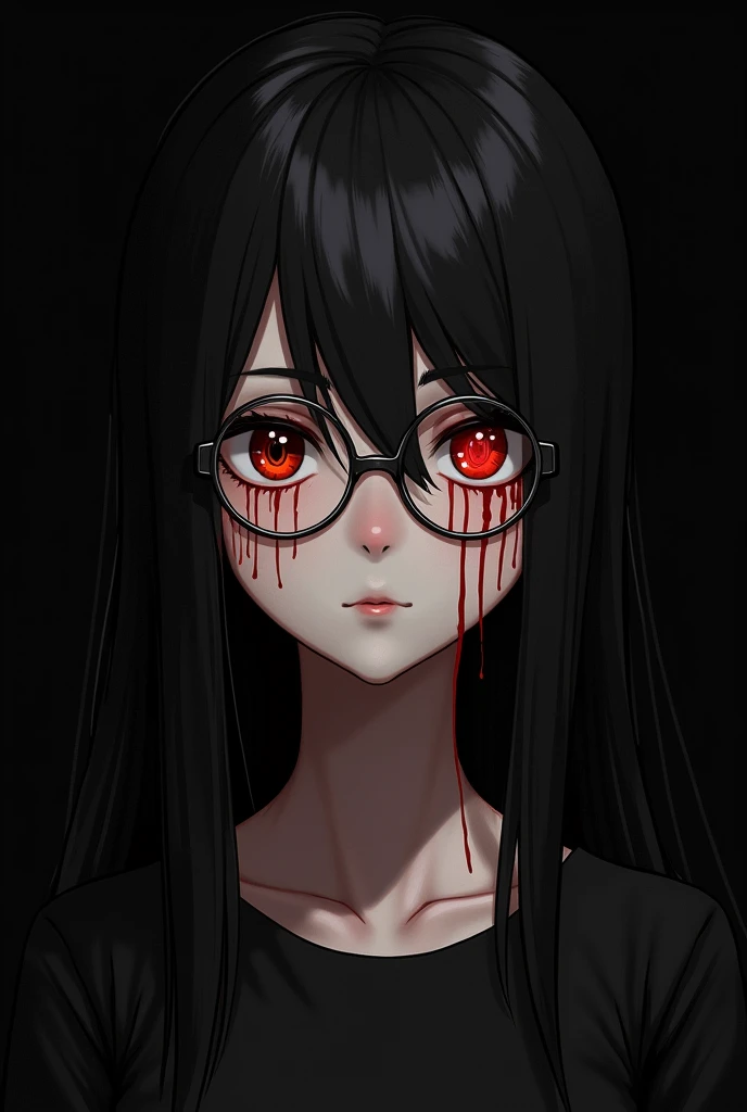 A girl that is 30 years old one of her eyes is demon orange eye the other is black the girl also has a black long hair blood drips from her eyes and also you can see a black backround she is also wearing glasses  she also has frickles on her face she has s...