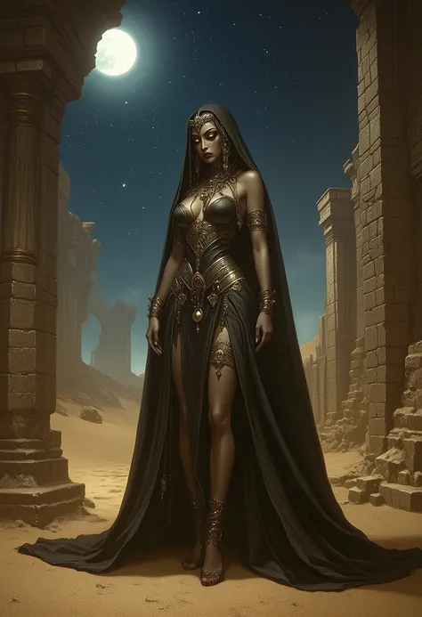 queen of ancient egypt, beautiful, impressive, seductive, attractive, mysterious, dark night, realistic, detailed, cinematic, dramatic lighting, provocative pose, expressive eyes, glowing eyes, lavish jewelry, elaborate headdress, ornate gown, moody atmosp...