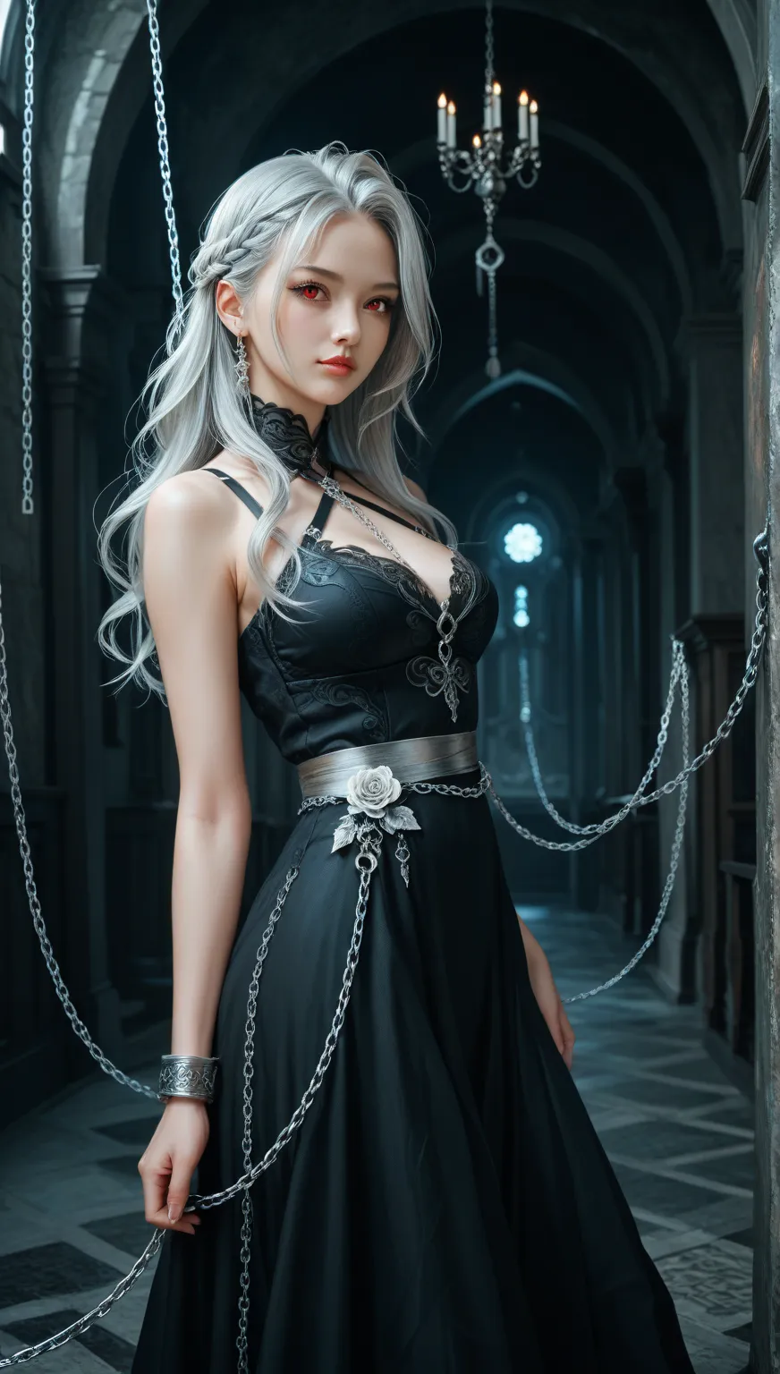 masterpiece,1 girl,long silver hair,red eyes,black dress,chains wrapped around the body, caught in chains,Wrapped in a shining chain,high fantasy,anime art wallpaper 4k,(high contrast),mysterious atmosphere,mysterious light,fantastic background