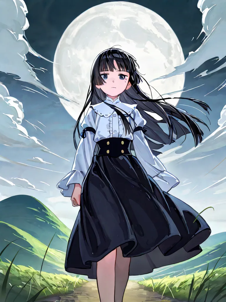  1 girl, Alone, ruri gokou, hime cut, long hair, mole, 黒hair,  Princess cut, dark blue eyes
 BREAK
(Walking in the Wind), wind, hill, Fluttering Skirt, hair, null,  moon, nature, ENERGETIC, light, White clouds flow, distant cityscape with white clouds flow...