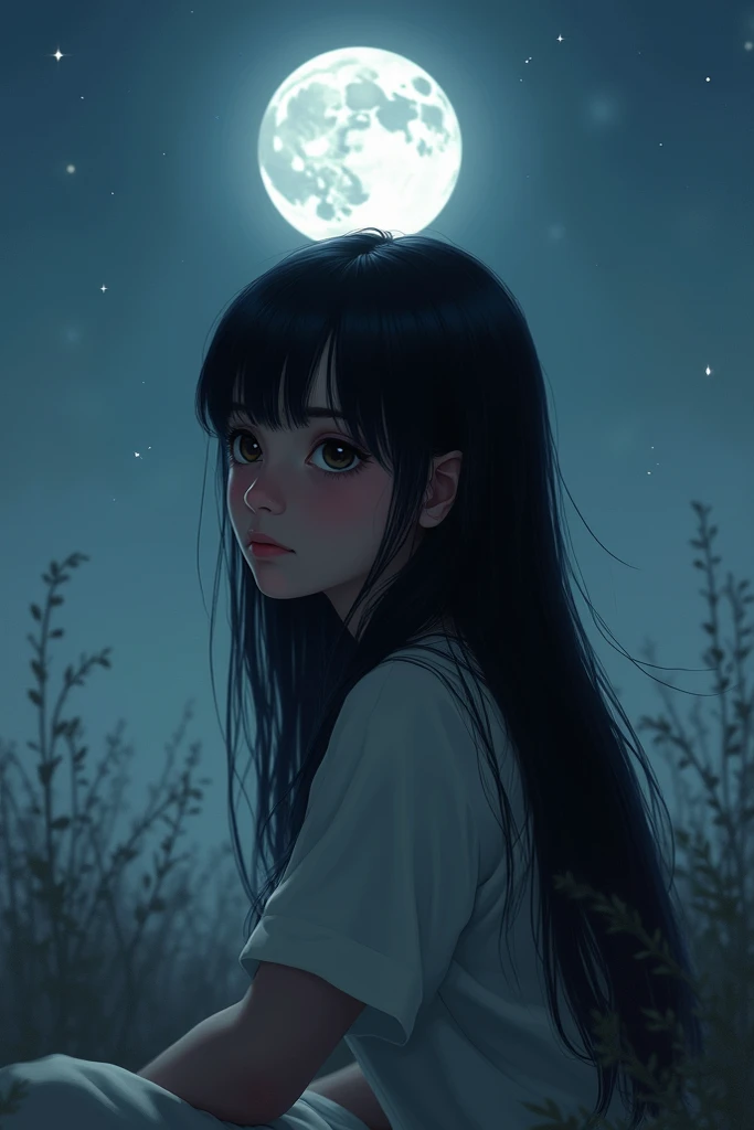 A young Indian girl with straight hair and forehead bangs sit in the moon light and think about his future 
