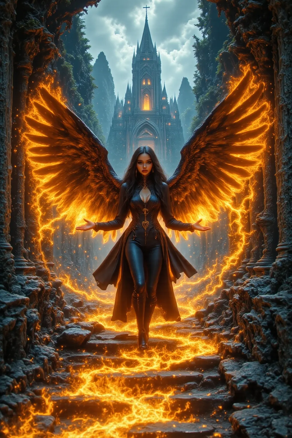 She is wearing a stylish outfit. She has a bright smile.with lots of trees has huge wings and uses the magic of fire with both hands raised. This is where you can see a huge castle.