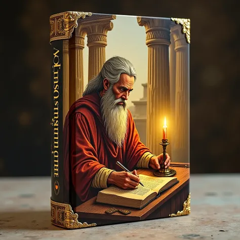 A standing religious book, with a detailed and illustrated cover. The cover features an old man with a long beard, wearing old clothes,  writing on a scroll by candlelight. Its face is wise and serene, reflecting an environment of study and spirituality. T...