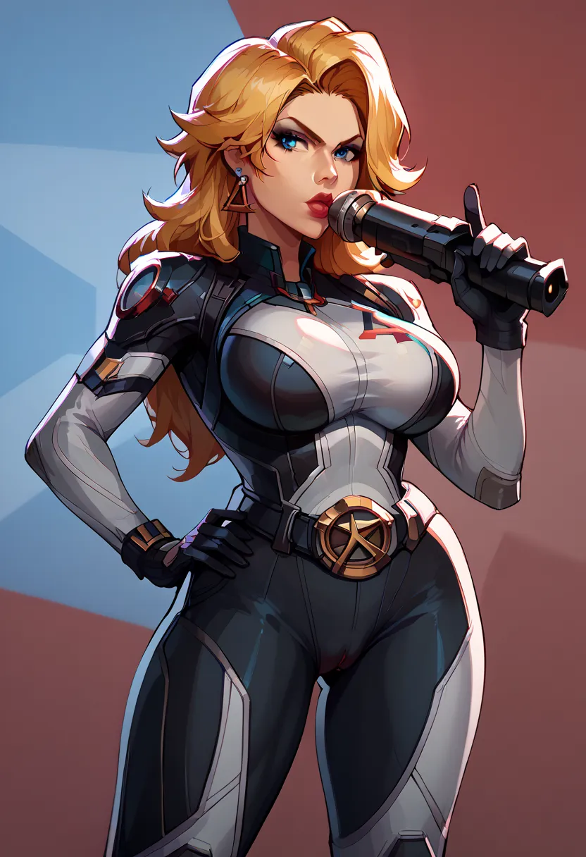 score_9, score_8_up, score_7_up, score_6_up, expressiveh, invisiblewoman_rivals, 1girl, solo, cropped, cowboy shot, blonde hair, long hair, eyeliner, blue eyes, earrings, bodysuit, white bodysuit, white clothes, gloves, belt, blue details, looking at viewe...