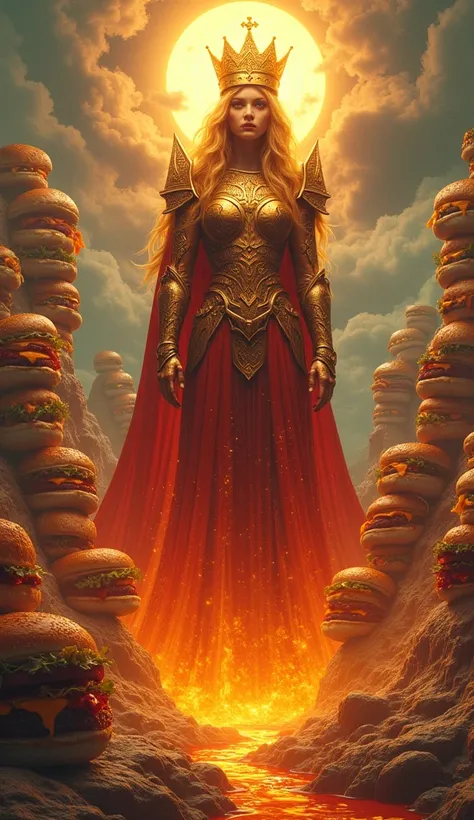 **AI Art Prompt:** **"Burger Monarch of the Griddle Realm"**  

A towering humanoid figure forged from a flame-grilled beef patty rises from a molten cheddar throne atop a colossal sesame seed bun. Her armor: crispy bacon plates interlaced with caramelized...