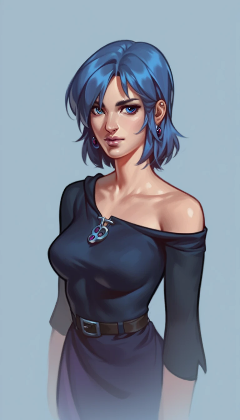 Eve, age girl ,  blue eyes, blue hair . thin. 