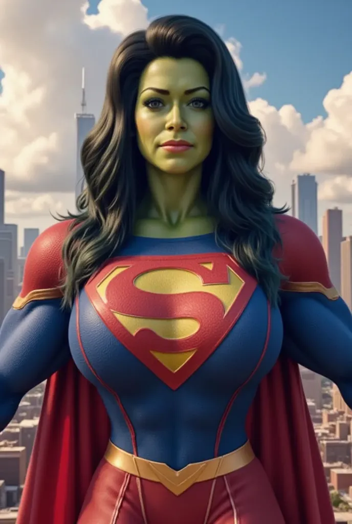 WHAT IF SHE HULK AND SUPERGIRL HAD A DAUGHTER WEARING A CLASSIC 1980 SUPERGIRL COSTUME AND CAPE.