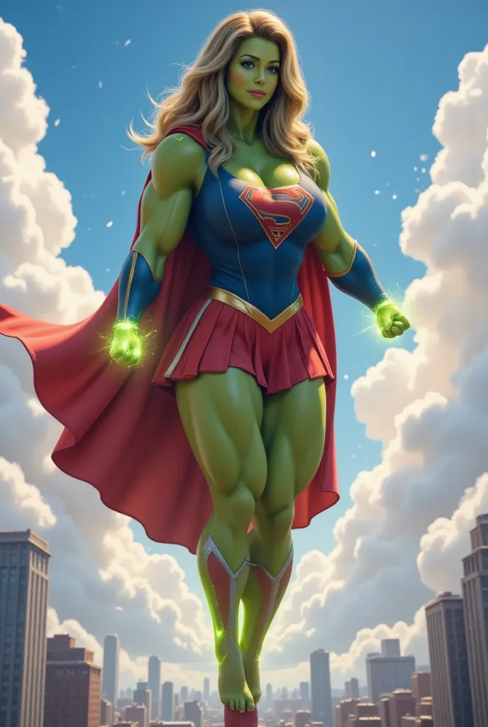 A stunning and powerful illustration of the daughter of She-Hulk and Supergirl, a fusion of Kryptonian and gamma-enhanced might. She stands tall with an athletic and muscular yet graceful physique, radiating both strength and beauty. Her skin is a unique s...