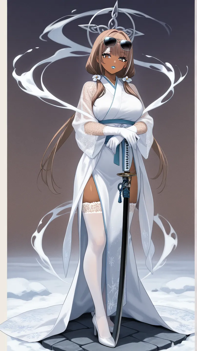 Anime, only (outfit sexy berserker)
(Brown skin color) 
(Eye color white )
(Berserker ice snow) (silk added on the clothes arms and legs)
(MakeupColor eyeshadow White eyeliner White glossy lipstick White ) 
(Breast size cup 34 b)
(hourglass)
(Age 21)
(Hair...