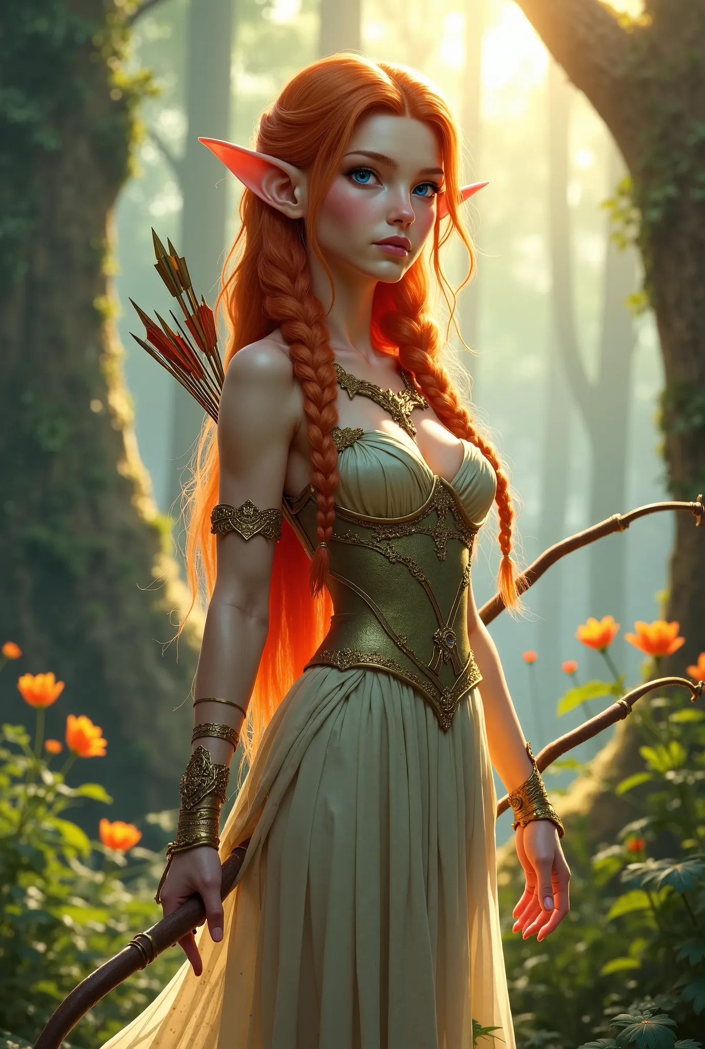 Elf forest warrior , long ginger hair with braids, blue eyes, slender body, big boobs, high ears, fantastic forest, detailed facial features, full lips, porcelain skin. The lady of the fairy forest. She has gold bracelets on her hands, and a long necklace ...