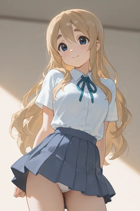 ((tsumugi kotobuki \(K-ON!\))),((Kotobuki Kotobuki Tsumugi\(K-ON!\))),cute,short,navy blue school uniform,skirt,can see the panties under the skirt.