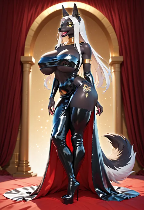 top quality masterpiece ,  furry black шакал,   stading full body ,  crop top overhang , transperent latex  short maid dress,large  breast , gloss black skin,  beautiful arms ,    black fluffy tail. white long hair, white hair, gradient hair, shows languag...