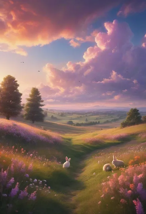 A 3D countryside landscape at dusk, with a dazzling sky in shades of orange,  pink and purple .  The sun is low on the horizon , casting a soft golden light on the verdant grass. IN THE SKY, fluffy clouds take the form of different animals, like bunnies , ...