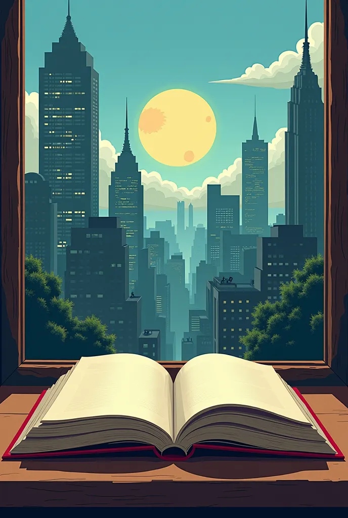 a close up of a book on a table with a city in the background, a storybook illustration by Juliette Leong, tumblr, serial art, novel cover art for a book, art concept for a book cover, illustration!, in style of charlie bowater, book cover!!!!!!!!!!!!, sty...