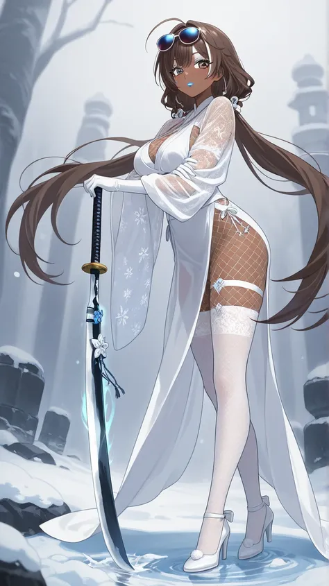 Anime, only (outfit sexy berserker)
(Brown skin color) 
(Eye color white )
(Berserker ice snow) (silk added on the clothes arms and legs)
(MakeupColor eyeshadow White eyeliner White glossy lipstick White ) 
(Breast size cup 34 b)
(hourglass)
(Age 21)
(Hair...