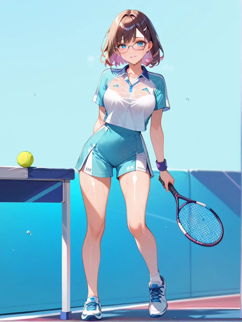  score_9,  score_8_up,  score_7_up, high resolution images,Ultra High Definition,8k, 's illustration ,CG,shiny hair, beautiful skin with glasses,Ultra High Definition,simple background,cute girl, (Table tennis:1.2), medium hair, 18 years old,  blue eyes, t...