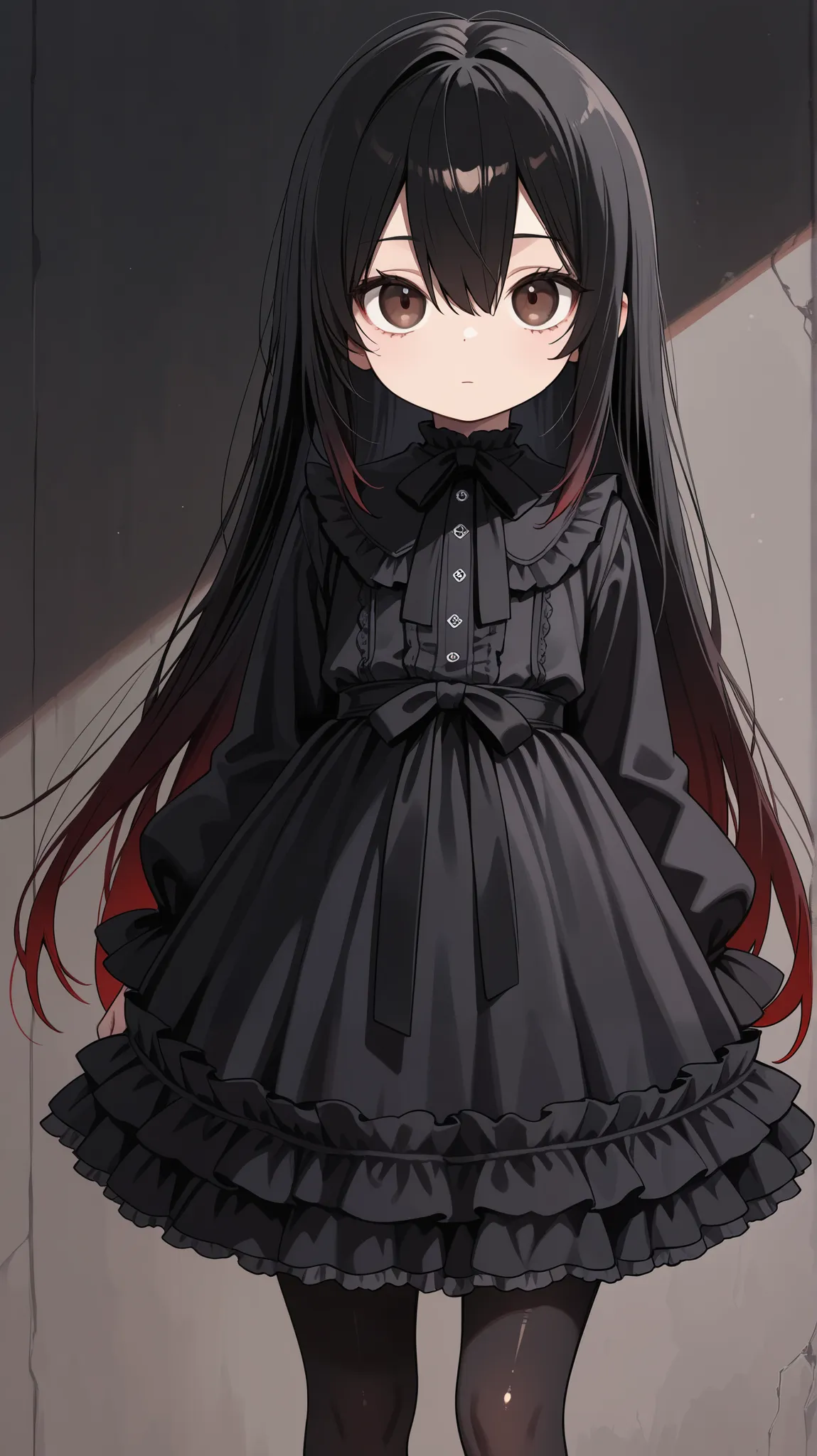 Masterpiece, detailed, high resolution illustration, 1 girl, goth lolita, black frilled dress, aged down, shiny skin, long straight hair, hair between eyes, red gradient hair, multicolored hair, black hair, odd eye, brown eye, red eye, emotionless, black p...