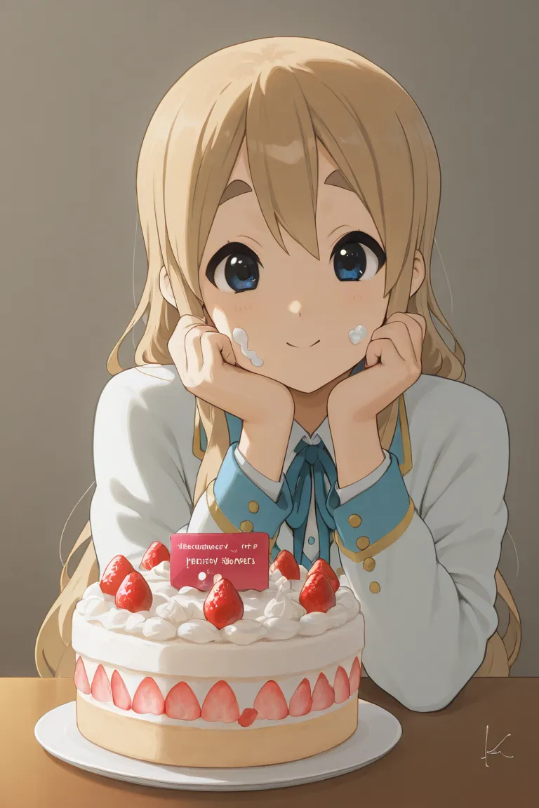 ((tsumugi kotobuki \(K-ON!\))),((Kotobuki Kotobuki Tsumugi\(K-ON!\))),cute,short,A little bit of cream got on her face,holding a strawberry cake