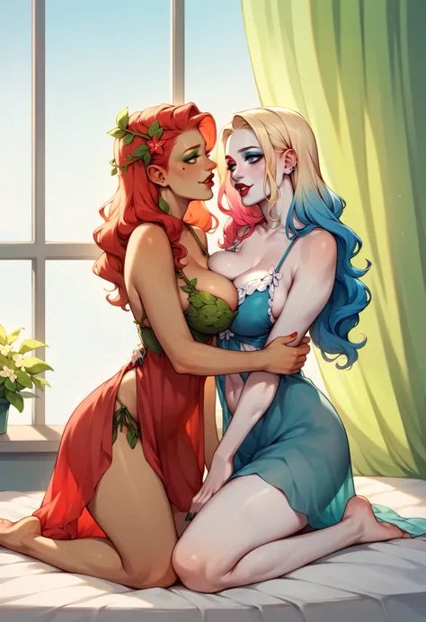 score_9, score_8_up, score_7_up, score_6_up, (2girl, harley quinn (pale skin, harley quinn hair).  Poison ivy (red hair, pale skin).) enormous sagging breasts.babydoll nightie (harley wears pink, Poisonivy wears green), hair over one eye, long wavy hair, b...