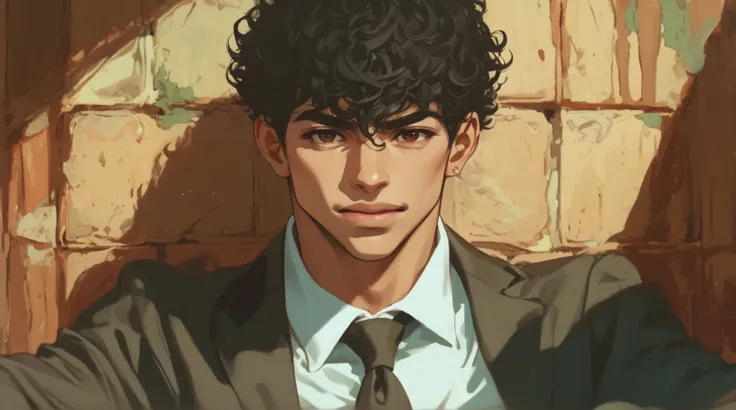 Cell shading style, curly black hair, young mixed race man, dark complexion, brown eyes, curly black hair, he is suffering from pain