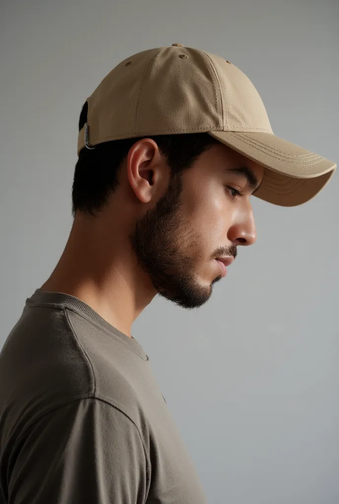 A young man with a slender beard with his head down wearing a beige baseball cap, Clear studio lighting, Dramatic lighting light, bright lighting, Magazine advertisement image, The boy has his head down 