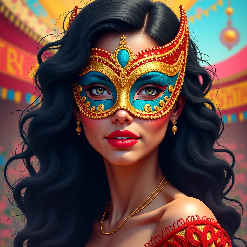 Curly black-haired woman with mask for carnival