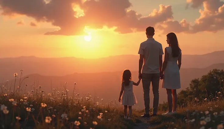 A wide, cinematic 16:9 scene at dusk, blending warm, romantic light with a gentle sense of melancholy. In the foreground, an young couple and their daughter stand on a quiet hilltop overlooking a vast landscape that transitions from a soft golden sunset in...