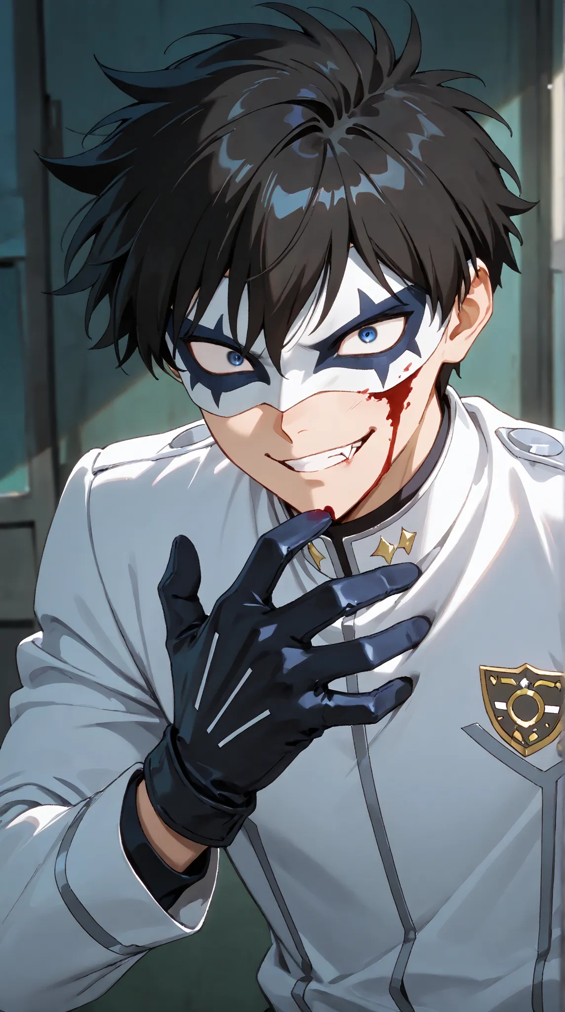 Domino masked men anime, solo , male focus,white student uniform,white mask,glove,villian,1boy,stare,white hero mask, Secret organization,mysterious grin,fang out,got bad Injured,blood,male focus,desperate expression,full eye mask,