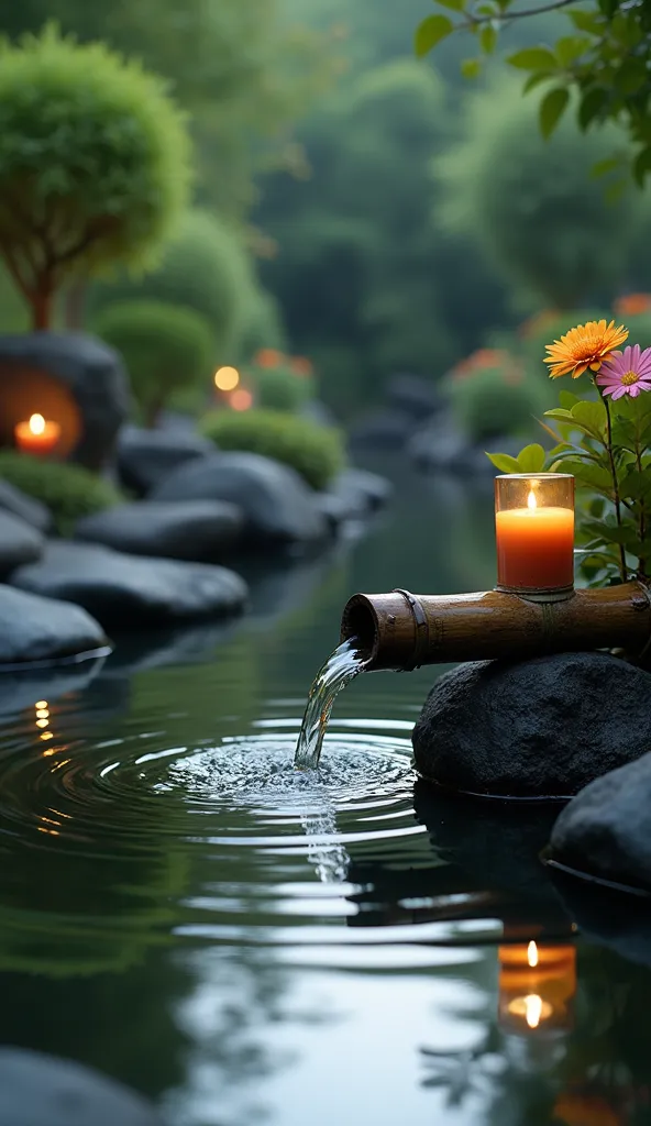 A tranquil cinematic scene unfolds in a serene Zen garden, where gentle ripples dance across the surface of a peaceful pond as water flows soothingly from an intricately carved bamboo pipe. Amidst lush greenery, blooming flowers add pops of vibrant color a...