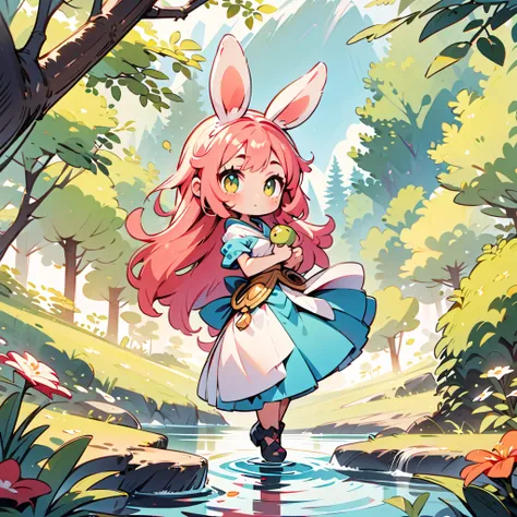 A rabbit-like person,  cute rabbit woman, alone, little, Transform, two heads ,   full body view,  Focus on Ears, Forest and spring background, Hand-drawn illustrations.