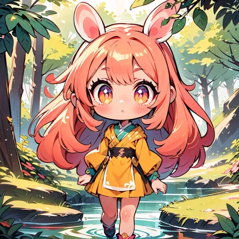 A rabbit-like person,  cute rabbit woman, alone, little, Transform, two heads ,   full body view,  Focus on Ears, Forest and spring background, Hand-drawn illustrations.