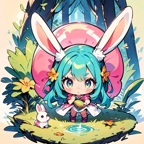 A rabbit-like person,  cute rabbit woman, alone, little, Transform, two heads ,   full body view,  Focus on Ears, Forest and spring background, Hand-drawn illustrations.