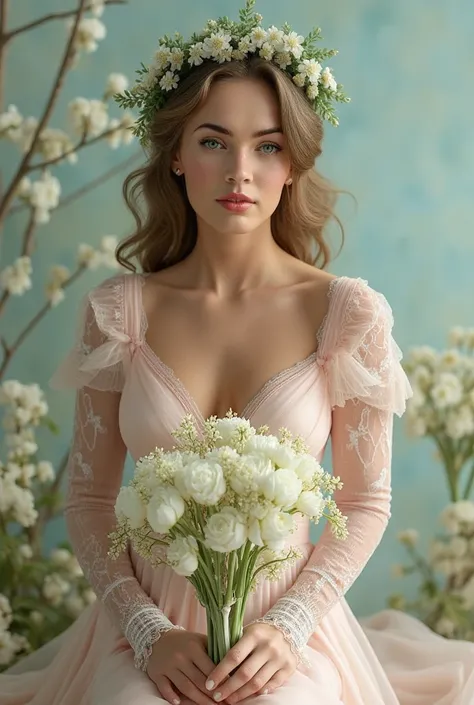 
**Ultra-realistic, high-fashion portrait of a serene woman in a pastoral setting, exuding a soft and ethereal aura. She is adorned in a flowing, delicate blush pink dress with delicate, semi-transparent lace sleeves that feature intricate floral patterns,...