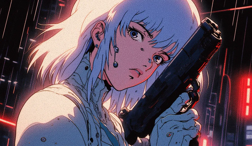 Pale anime woman with cybernetic implants on her face, futuristic gun, decadent urban environment at night, neon red and blue lights, rain,  90's Anime Style