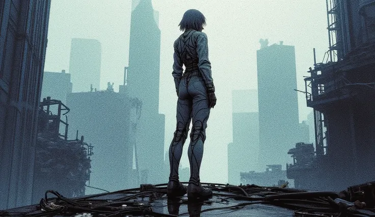 Lonely cyborg woman on an abandoned rooftop watching a ruined futuristic city, anime style Ghost in the Shell, shades of blue and gray, Foggy atmosphere, visible cables and connections,  technological details, Post-Apocalyptic Environment