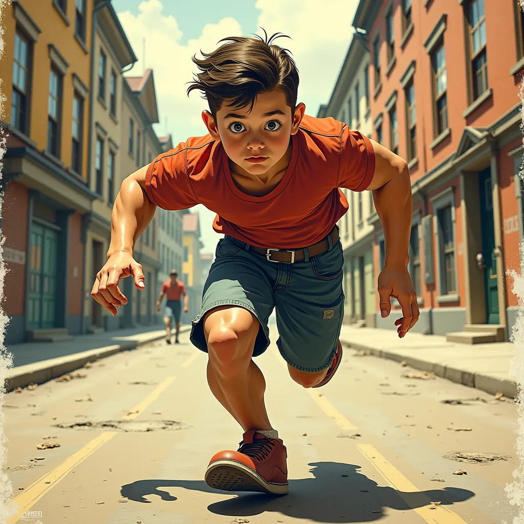 Over muscular broad shouldered wide-chested  boy racing to school, in the style of Jack Kirby and Wally Wood, 1940s vintage comic, faded colors