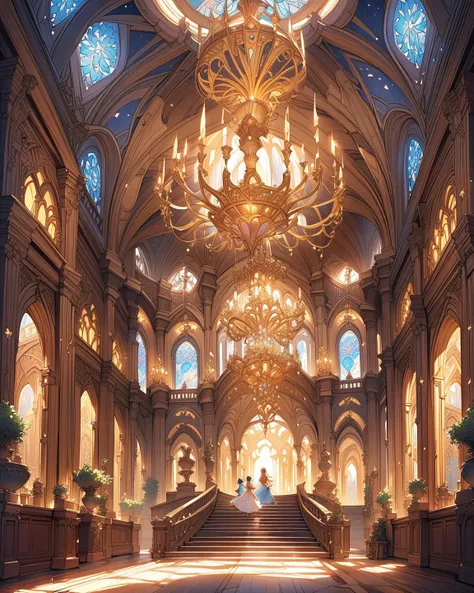 Score_9, score_8_up, score_7_up, score_6_up, source_anime, high detailed, a gigantic Golden castle's interior, detailed ornaments, Fairy girls wandering inside the Long room