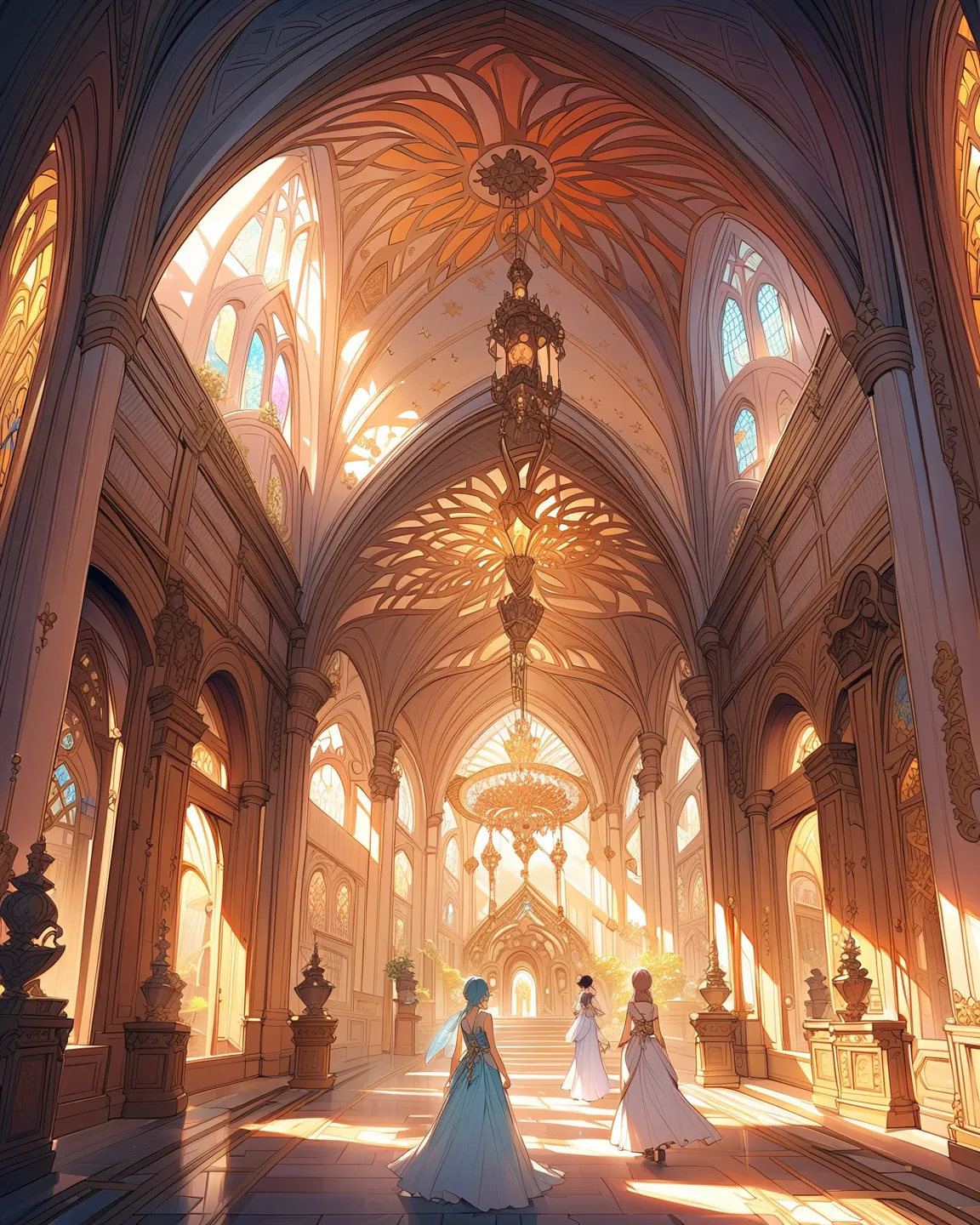 Score_9, score_8_up, score_7_up, score_6_up, source_anime, high detailed, a gigantic Golden castle's interior, detailed ornaments, Fairy girls wandering inside the Long room