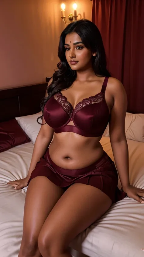 Bedroom scene, 26 year old very beautiful North Indian plus sized woman in maroon color skirt and bra, sitting on bed, giving a blowjob to a man, sitting on bed, with a group of men watching, full body image, dimly lit room with red light