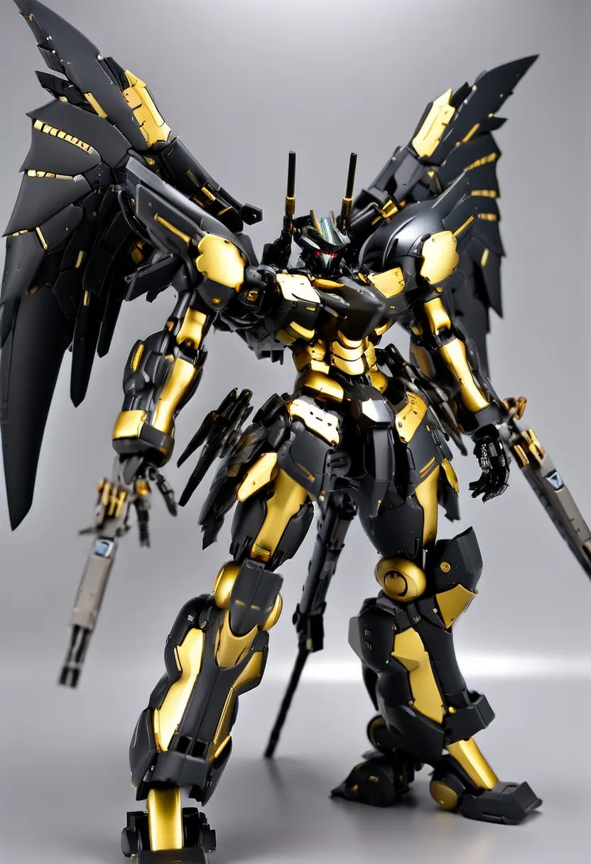  3D models,  black robot, golden joints, large short mechanical wings, waist with frame exposed {x} equipped with rifles in both hands, heavy armored limbs,  small head , lower back, cylinder, Thick toes