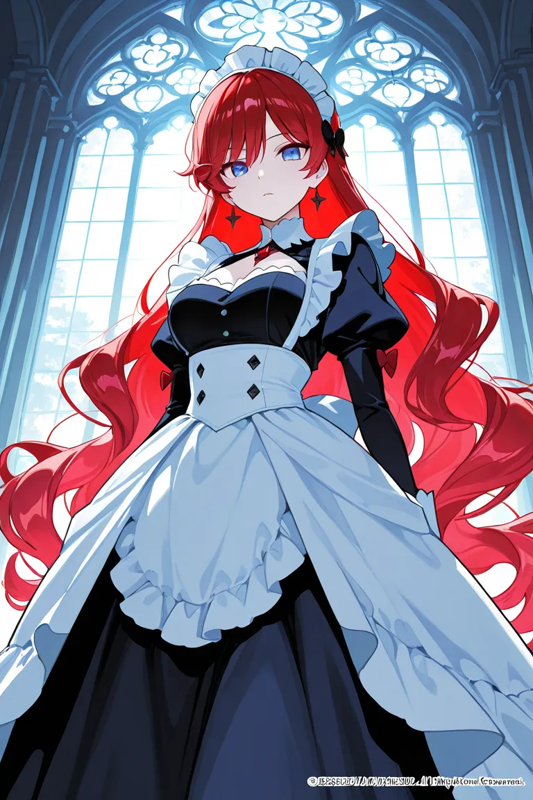 A highly detailed anime-style illustration of Aurora Weiss, a striking and enigmatic maid with an air of both heroism and mystery. Her vermilion-red hair flows wildly, a bold contrast to her pale, almost ethereal skin, emphasizing her albino nature. Her na...