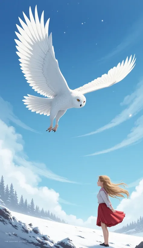 The huge snowy owl flaps its wings with a powerful "whoosh", and the wind blows the girl's hair.