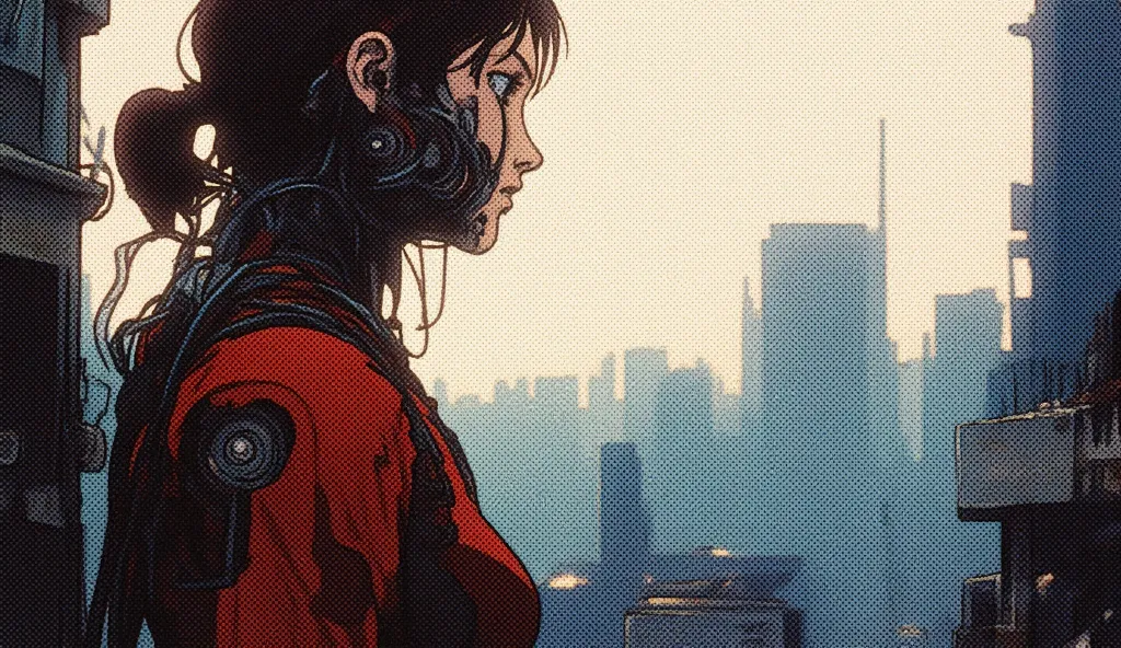 Close-up of a lonely cyborg woman on abandoned rooftop looking at ruined futuristic city, Ghost in the Shell anime style, blue and grey tones, foggy atmosphere, visible cables and connections, technological details, post-apocalyptic setting, retro anime st...