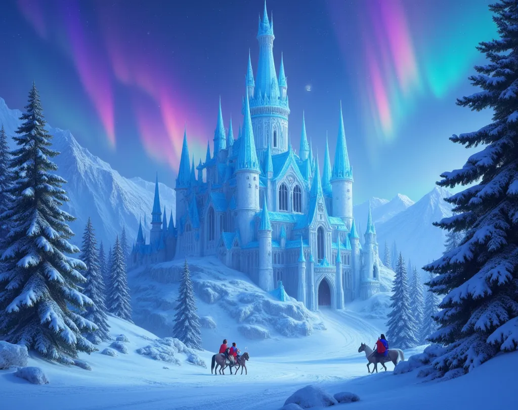 Design a breathtaking Winter Kingdom where the air shimmers with frost magic and every surface glistens under an eternal twilight. Imagine towering castles carved from living ice, their spires crowned with auroras that dance like frozen flames. Populate th...