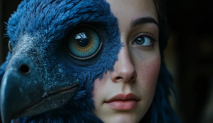 A hyperrealistic fusion of a human face and a majestic blue-feathered bird, with the bird's large, reflective eye seamlessly aligned with the human eye socket. At first glance, it appears as a human gaze, but upon closer inspection, the avian nature become...