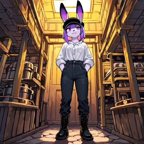 Furry purple and white bunny wearing black boots, faded black jeans, blue button up shirt, and a black cap working on a piece of machinery