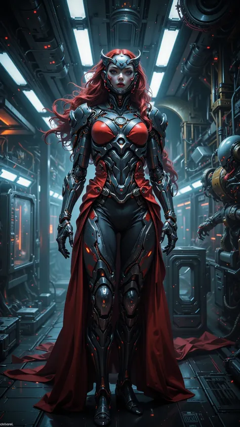 Scarlet Witch in a remote laboratory, Expressionless cybernetic face, hologram skin face, Advanced technical equipment, mechanical body, Committed to a groundbreaking discovery, Scarlet Witch in a remote laboratory wearing a futuristic costume inspired by ...