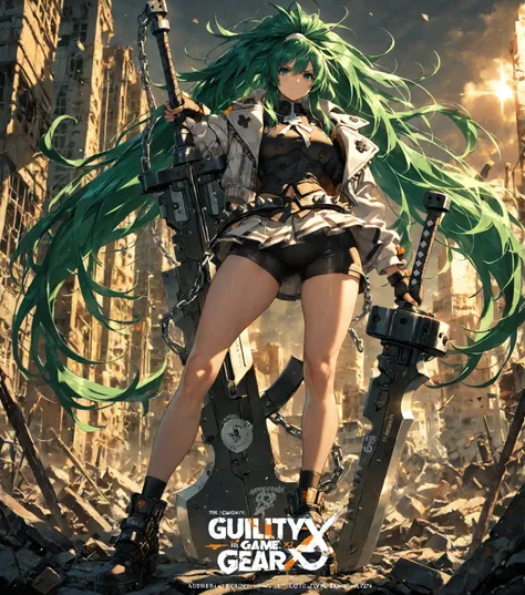 4K, game's cover, Guilty Gear Strive style, 1 girl, solo, chains around her, extreme large long messy hair, cyan-green colored hair, big bosom, buxom, jacket (with impressive details), shirt, spiked belt (large),  skirt, undershorts, spiked boots, holding ...