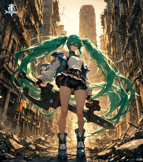 4K, game's cover, Guilty Gear Strive style, 1 girl, solo, chains around her, extreme large long messy hair, cyan-green colored hair, big bosom, buxom, jacket (with impressive details), shirt, spiked belt (large),  skirt, undershorts, spiked boots, holding ...